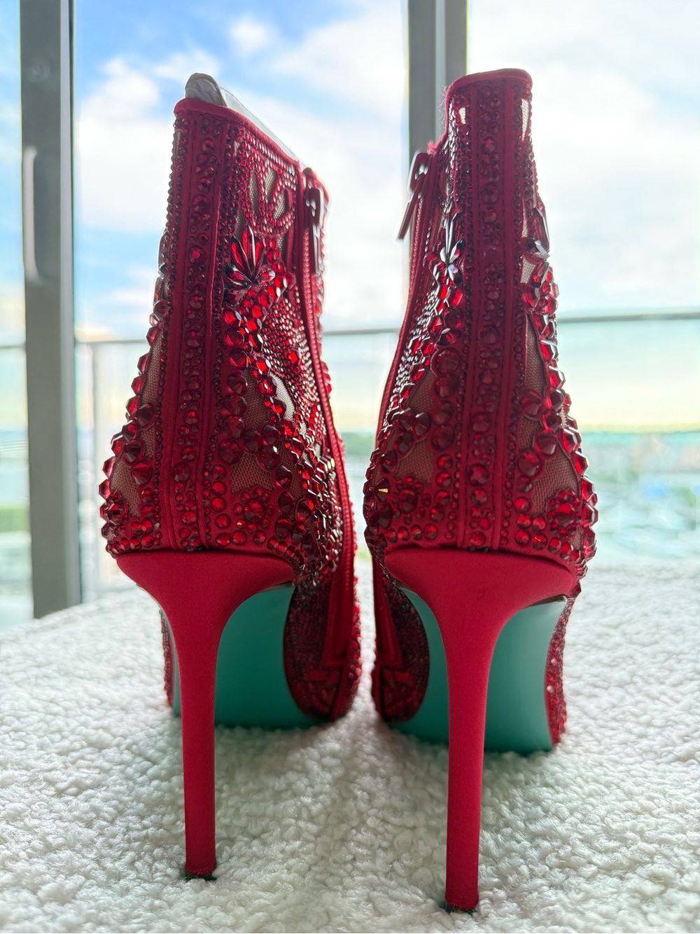 Betsey Johnson Red Embellished Lace Pointed-Toe Stiletto Ankle Boots - Picture 3 of 16